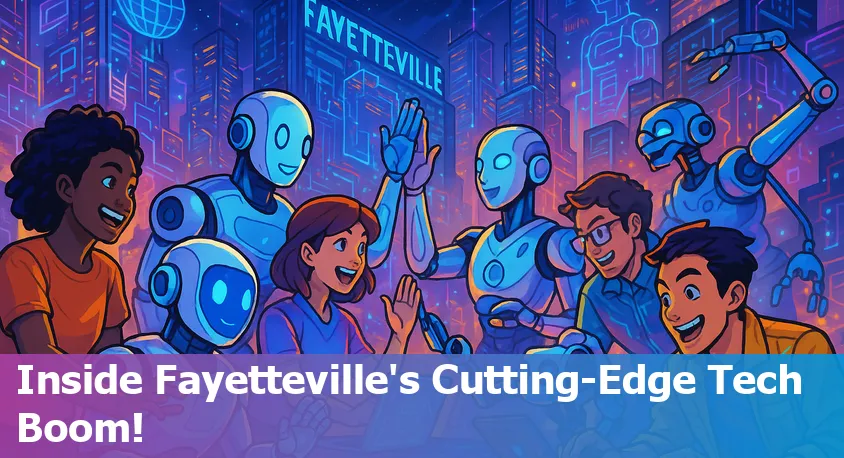 Fayetteville, AR skyline overlaid with digital AI network graphics for tech news article