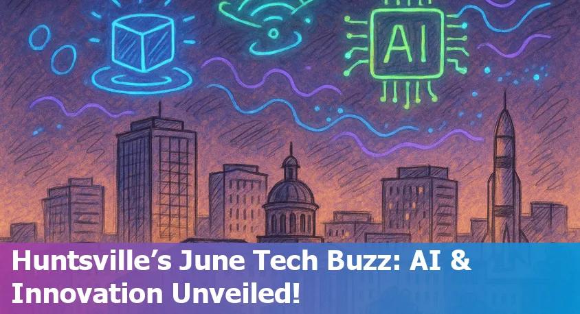 Skyline of downtown Huntsville, Alabama, with digital network graphics representing AI and technology innovation