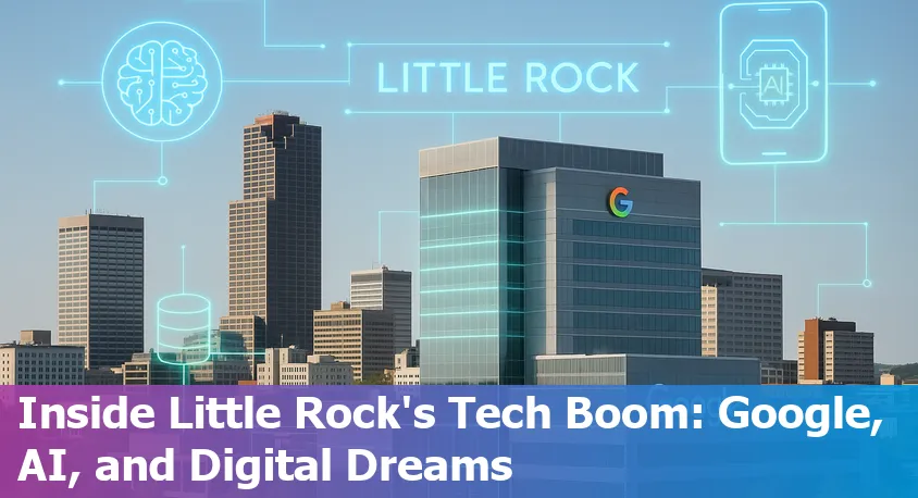 Downtown Little Rock skyline with digital and AI-inspired graphics representing technology innovation and growth.