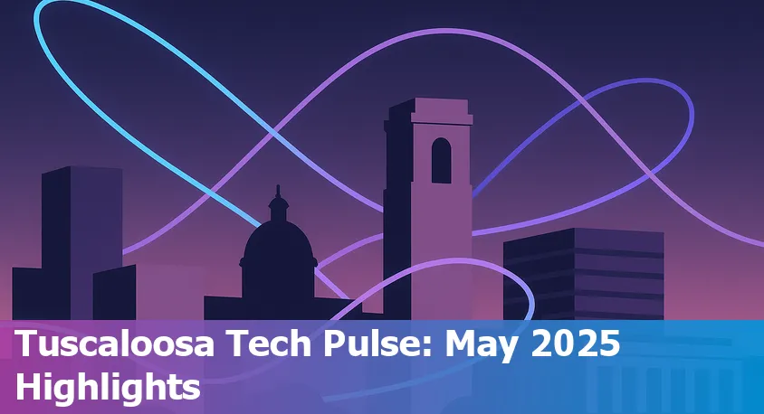 AI and tech startups in Tuscaloosa, Alabama, collaborating in a modern workspace with digital innovation themes.