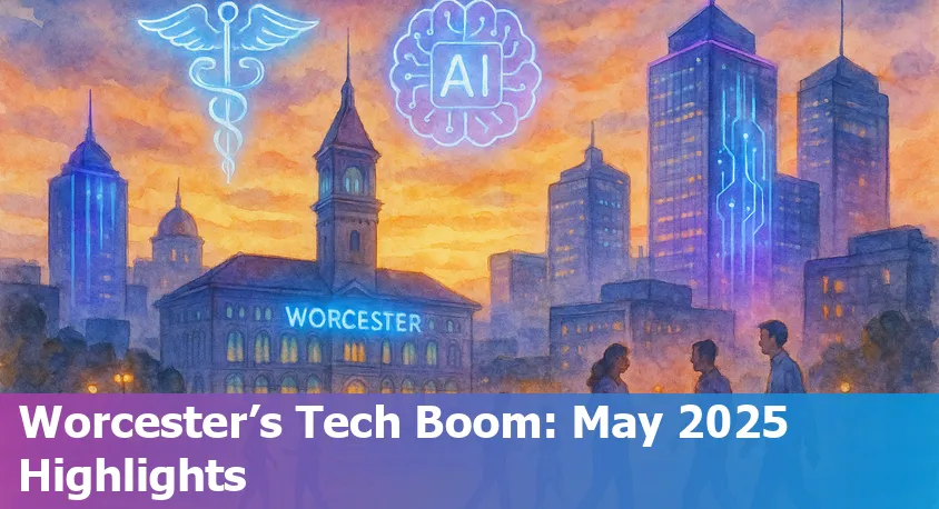 Downtown Worcester, MA skyline with tech and AI icons overlay, symbolizing innovation and industry growth in the city.