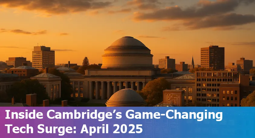 Skyline of Cambridge, MA with illuminated tech company logos, MIT dome, and a digital AI circuit overlay.