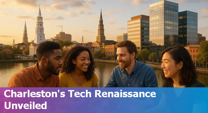 Charleston skyline with digital overlay highlighting AI, tech startups, and educational growth