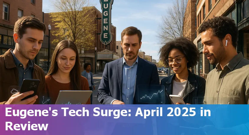 Downtown Eugene, Oregon with tech-themed overlays symbolizing AI and digital innovation.