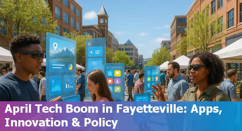 Downtown Fayetteville, AR skyline with digital AI icons overlay, representing local tech news and innovation in April 2025.