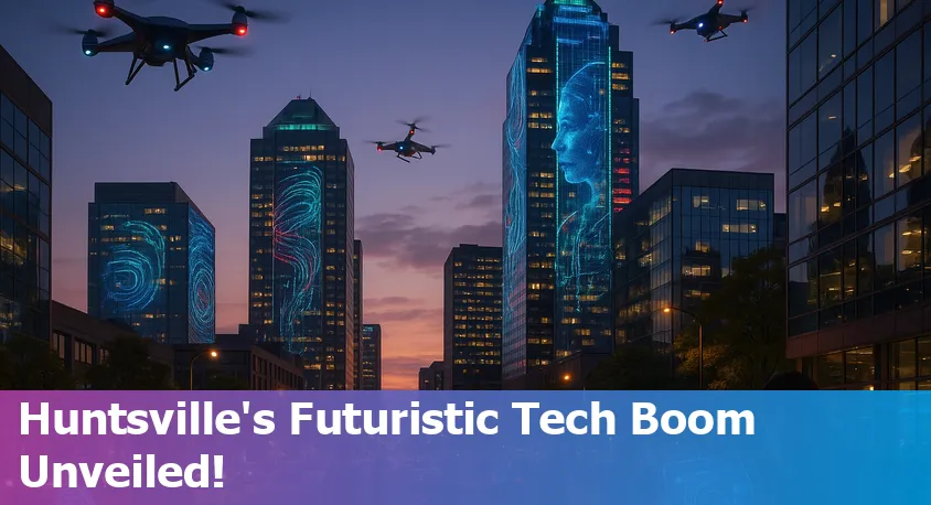 Huntsville, Alabama skyline overlaid with digital tech and AI icons illustrating innovation and progress.