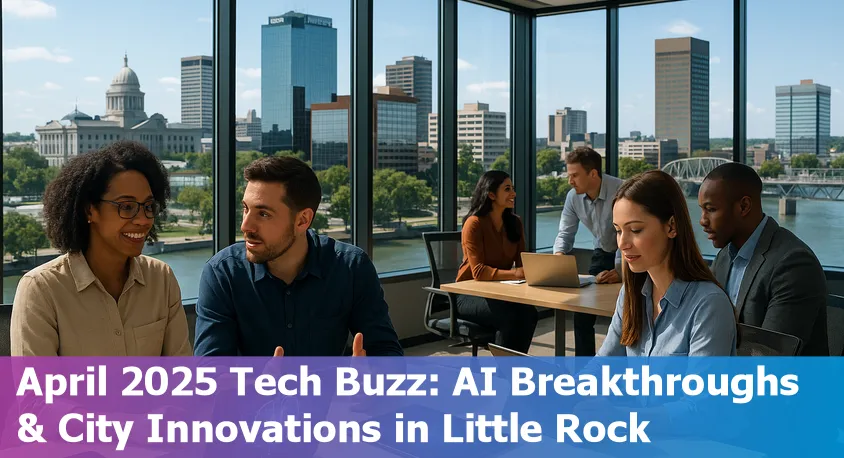 Little Rock, Arkansas skyline with digital AI circuit overlay, symbolizing the city's technology and innovation growth.