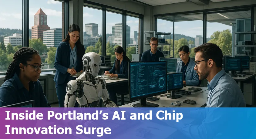 Portland, OR skyline with digital circuit overlay, symbolizing tech and AI innovation in the city.