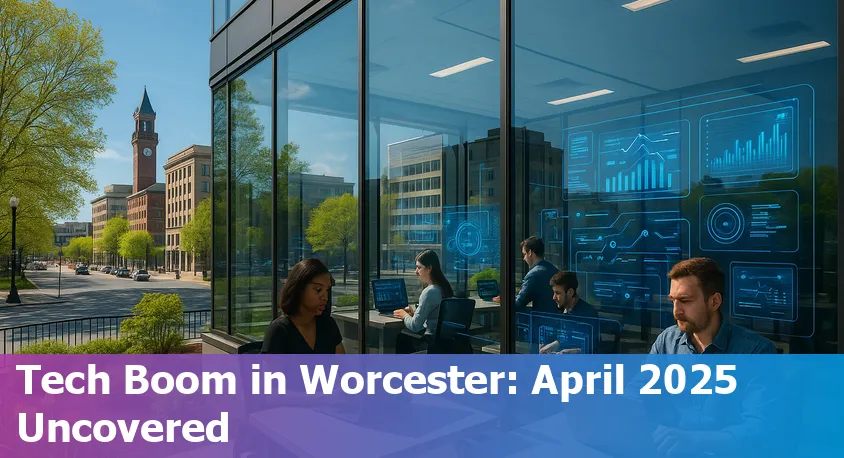 Downtown Worcester skyline with modern buildings, tech startups, and college banners symbolizing the city's vibrant technology scene in 2025.