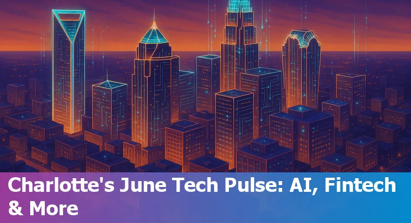 Charlotte, NC skyline with digital tech icons and AI network graphics overlay