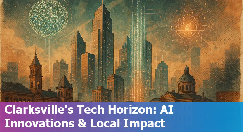Clarksville skyline with digital icons representing AI and technology innovation.