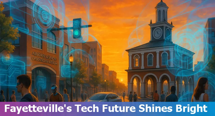Fayetteville city skyline blended with digital AI graphics, symbolizing technology growth in North Carolina.