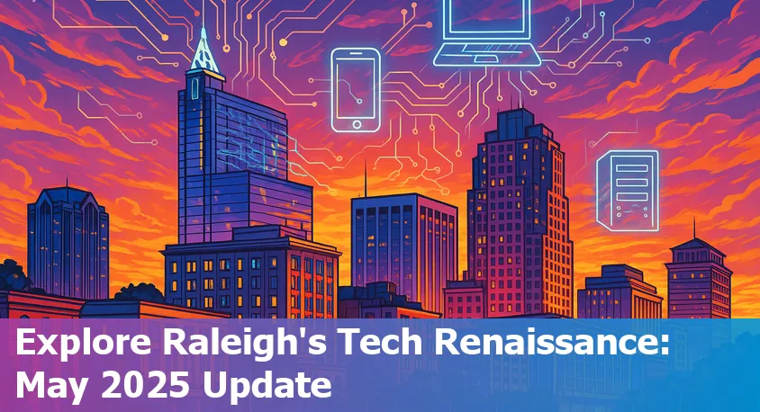 Skyline of downtown Raleigh, NC with digital tech icons symbolizing AI, startups, and innovation.