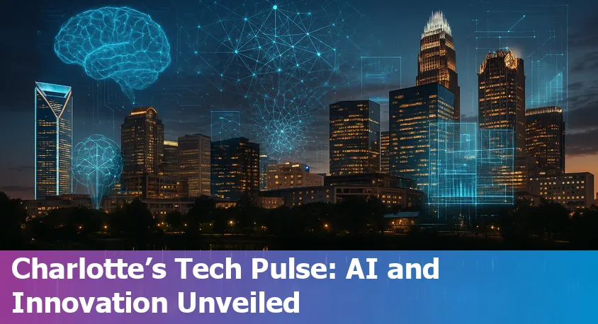 Charlotte, NC city skyline with digital AI and tech icons overlay, symbolizing innovation in healthcare, finance, and security.