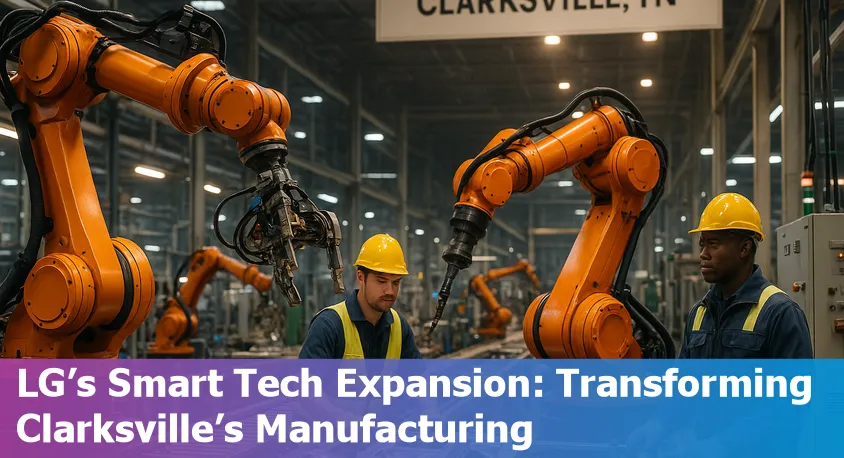 Clarksville TN skyline with tech icons symbolizing AI, university, and smart manufacturing in 2025