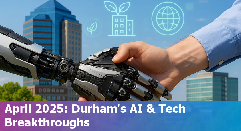 Downtown Durham, NC skyline with tech campus, solar panels, and data center highlights representing the city's AI and tech boom in April 2025.