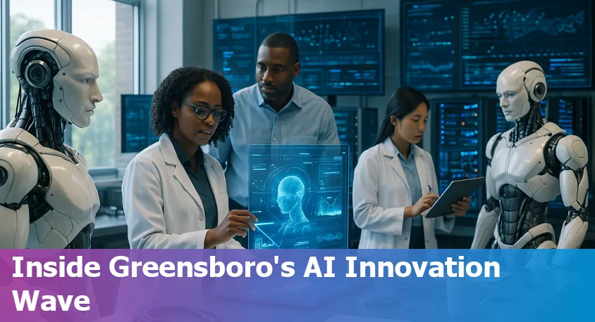 Aerial view of Greensboro, NC with digital AI and tech-related graphics overlayed, showcasing innovation and collaboration.