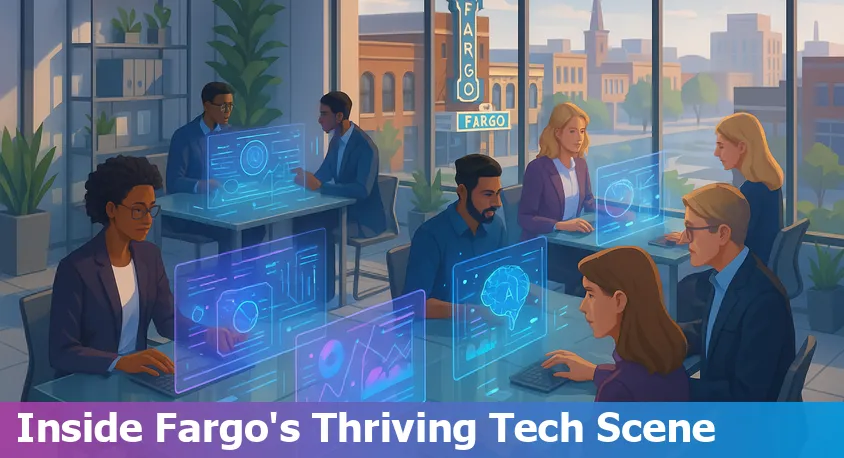 Downtown Fargo, ND skyline with digital AI network overlay, symbolizing technology growth and innovation.