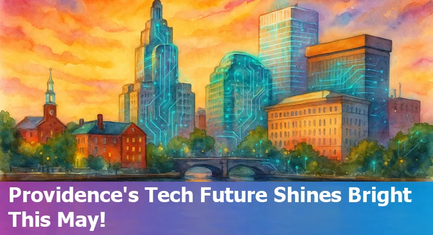 Providence, RI skyline with digital AI graphics overlay representing local technology innovation.