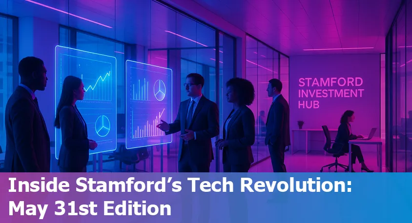 Stamford CT skyline with tech and AI-themed digital graphics overlay, symbolizing innovation and business growth in 2025.