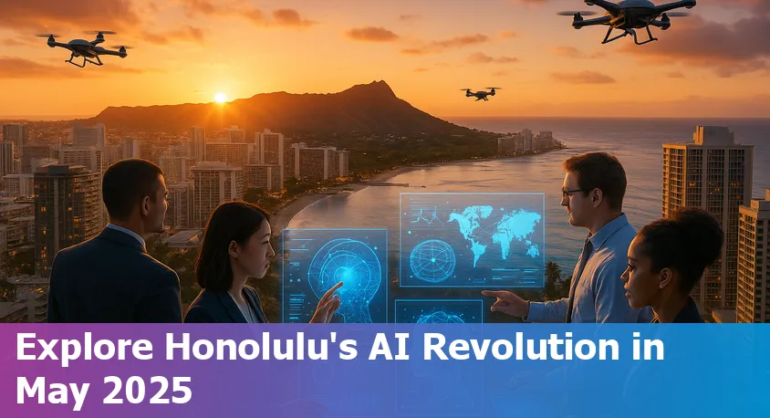 Honolulu skyline with digital network graphics overlay, symbolizing technology and AI advancement in Hawaii.