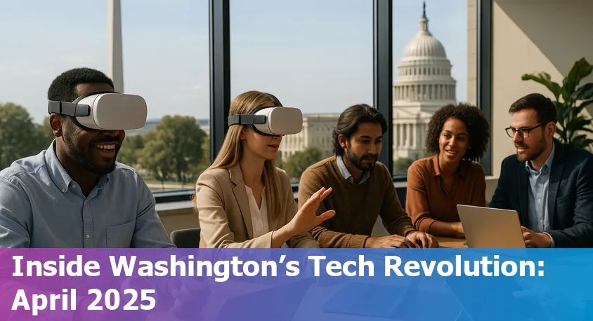 Washington, DC skyline with U.S. Capitol in foreground, overlaid with digital and AI-themed graphics.