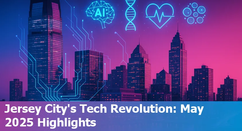 Skyline of Jersey City with digital circuit overlay, symbolizing AI and technology advancements in 2025.