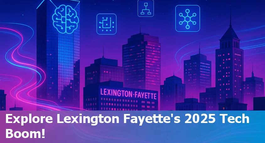 A vibrant Lexington Kentucky cityscape with digital and AI elements, symbolizing emerging tech innovation in 2025.