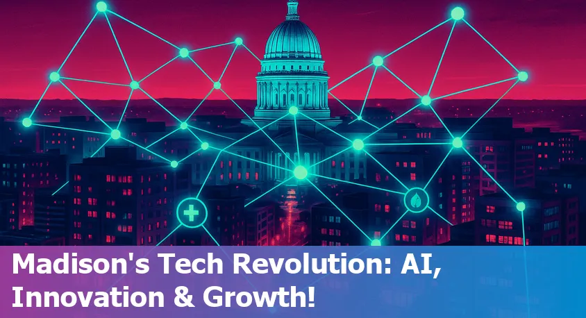A collage of Madison, WI landmarks with digital AI and technology icons overlayed, symbolizing innovation and Midwest progress.