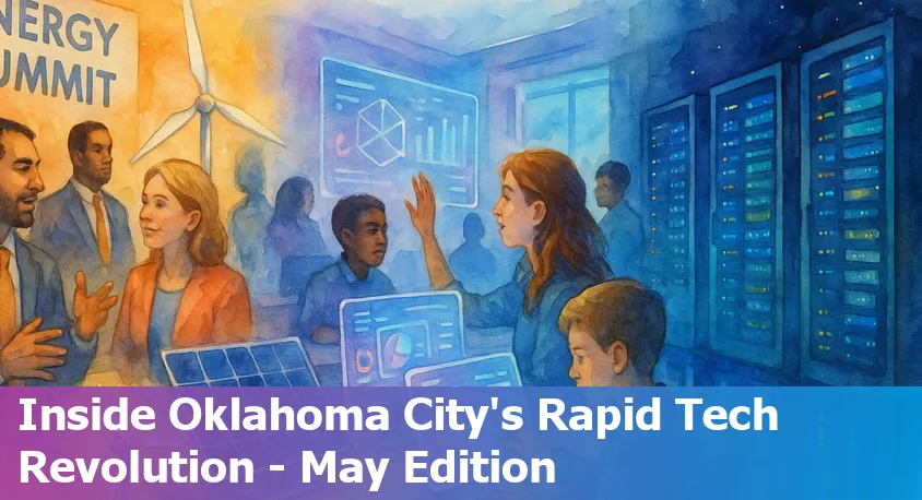 Oklahoma City skyline with digital overlays symbolizing AI and technology advancements in 2025.