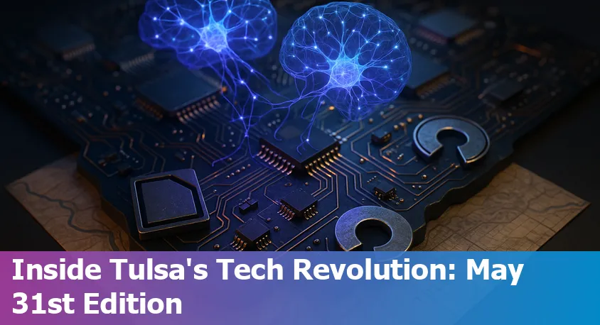 Tulsa city skyline with digital AI icons and glowing tech overlay, representing local technology and AI innovation in 2025.