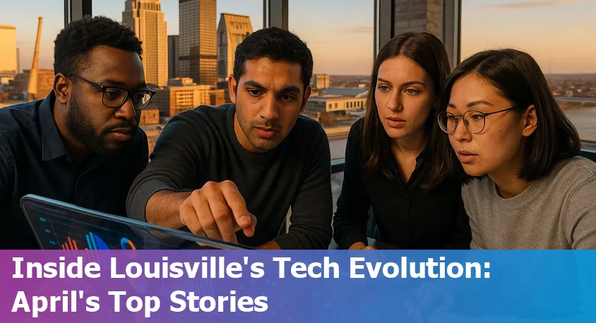 The Louisville skyline with digital overlays of AI and tech icons, symbolizing innovation and technology growth in the city.
