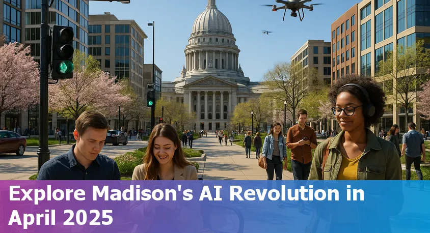 Skyline of Madison, Wisconsin with futuristic tech overlays symbolizing AI innovation and sustainability.