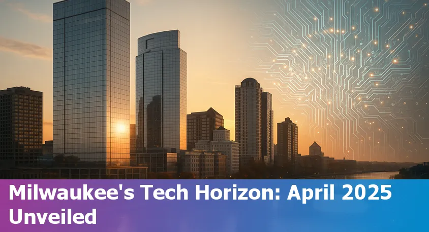 Milwaukee skyline overlaid with AI and tech symbols, highlighting innovation and community progress in 2025.