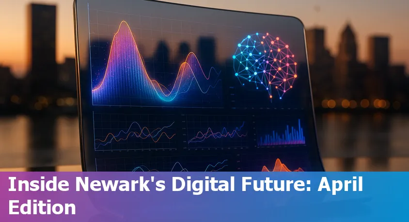 A panoramic view of Newark, NJ skyline with digital icons representing AI, blockchain, and technology innovation overlayed.