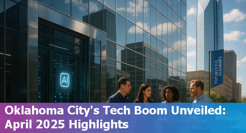 Oklahoma City skyline with digital data center overlays and AI-inspired graphics, representing the city's emergence as a tech innovation hub in 2025.