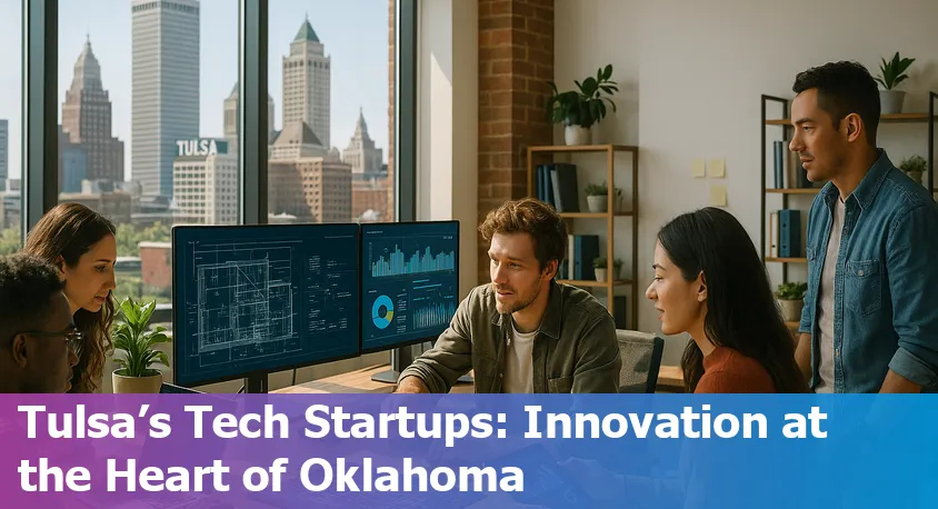A skyline view of Tulsa, Oklahoma with digital data streams, symbolizing the city's growth as a technology and AI hub.