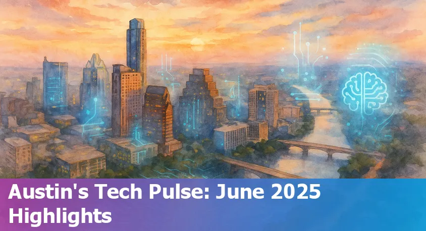 Austin, Texas skyline at sunrise, overlaid with digital AI and technology icons representing innovative growth and local tech headlines.