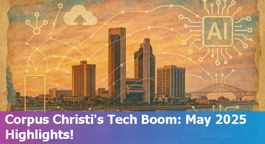 Corpus Christi skyline at sunset with digital network and AI icons overlay, symbolizing the city's tech and AI advancements.