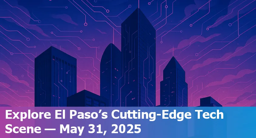 A panoramic view of downtown El Paso with tech-inspired digital overlays symbolizing AI and innovation.