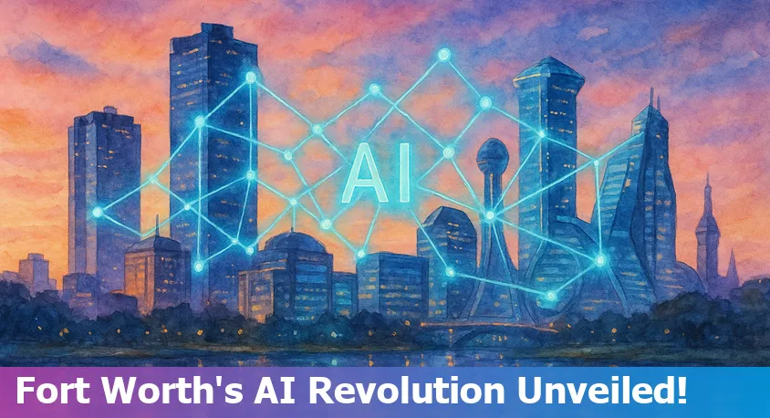 Aerial view of downtown Fort Worth, Texas, with digital network graphics symbolizing AI and technology growth.