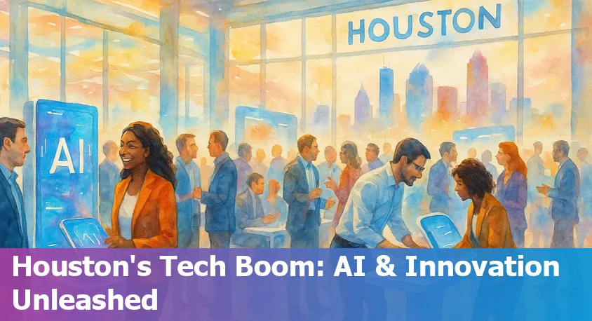Houston downtown skyline with digital network overlay symbolizing advanced tech and AI innovation.