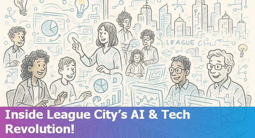 League City, TX city skyline with digital and AI technology overlays, symbolizing tech industry growth and innovation in the region.