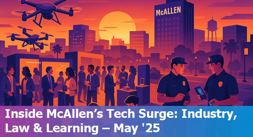 Downtown McAllen, Texas skyline with technology-themed overlay and AI digital icons representing regional innovation.