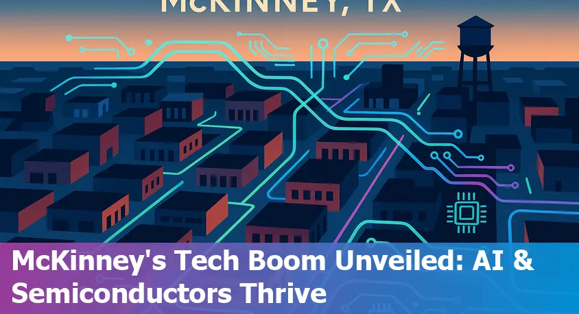 Aerial view of McKinney, TX with digital circuit overlays, symbolizing the intersection of local technology growth and AI manufacturing expansion.