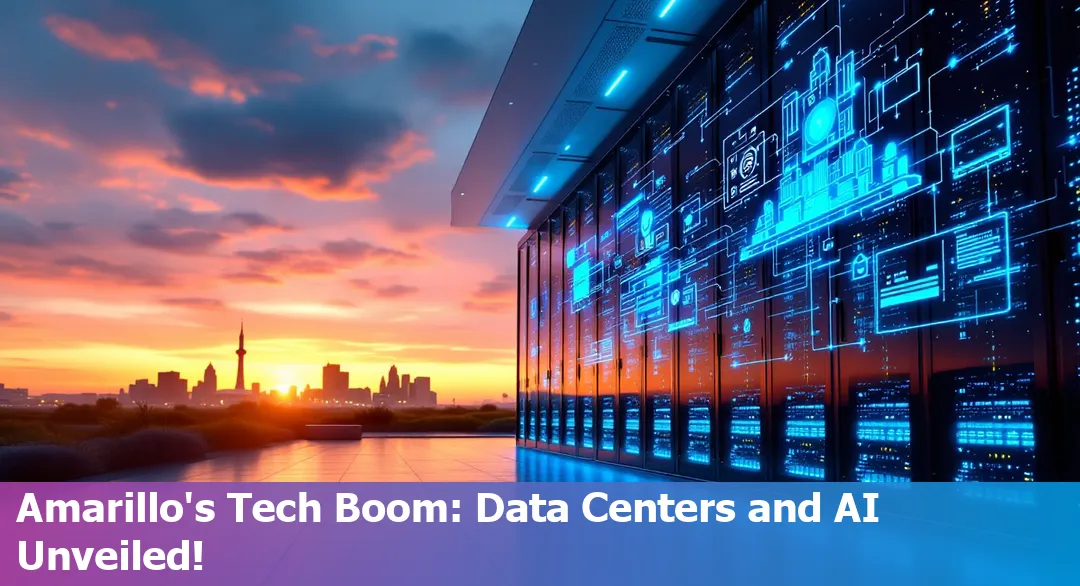 Downtown Amarillo with tech innovation icons overlay, celebrating growth in education, agriculture, sports, and community health for April 2025.