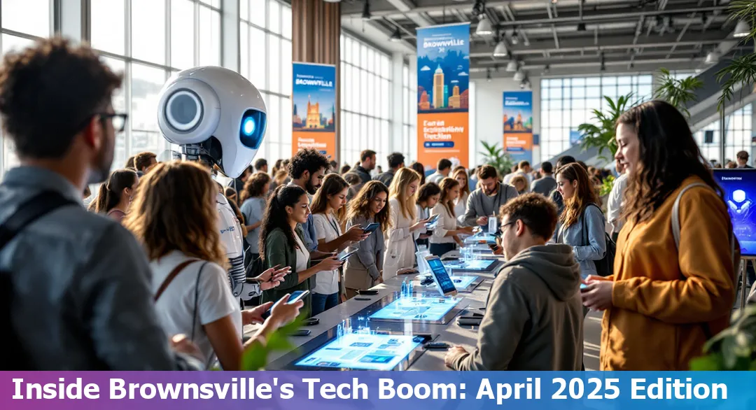 A futuristic 3D-printed coffee shop in Brownsville, Texas, with digital banners and tech district skyline in the background.