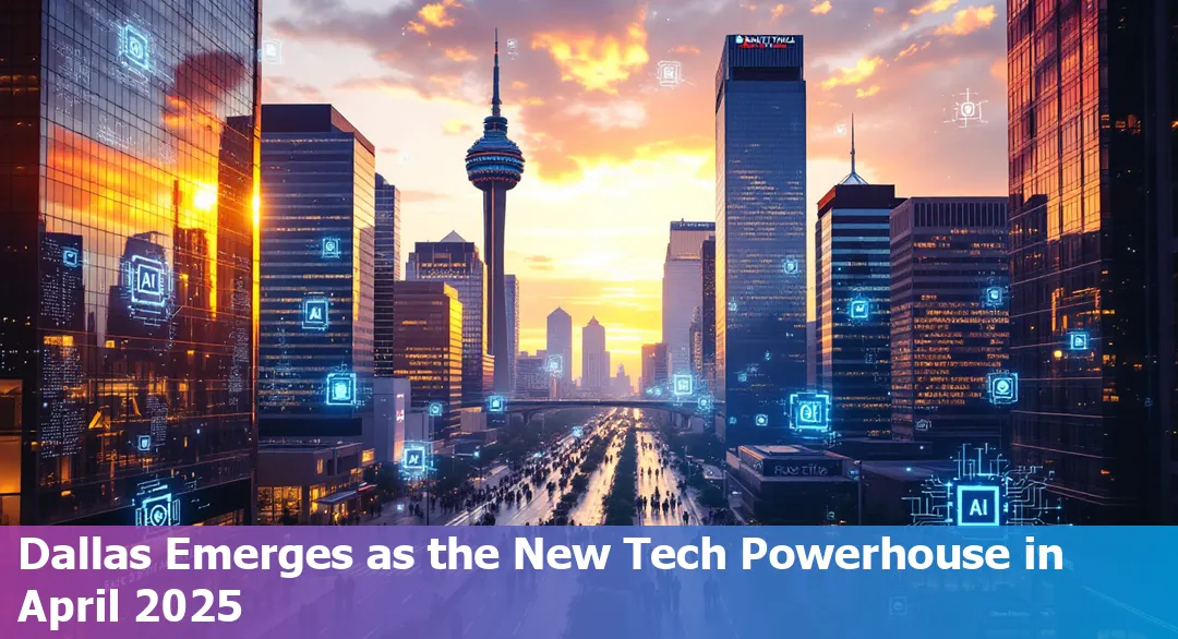 Dallas skyline at dusk, digitally overlaid with AI circuits and modern tech icons, symbolizing the city’s booming tech scene in 2025.