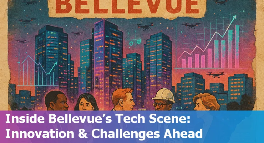 A skyline of Bellevue, Washington, highlighted with iconic tech company logos and subtle AI circuit graphics overlayed.