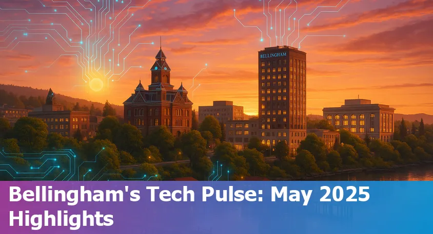 Downtown Bellingham, WA skyline with digital data lines and AI icons overlay, symbolizing local tech and AI innovation.